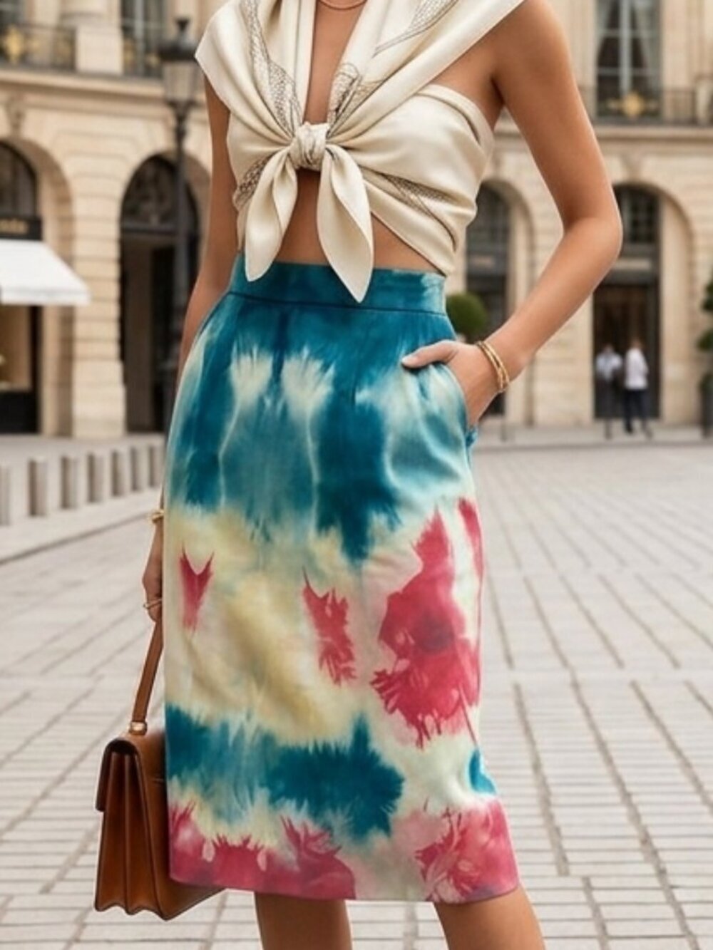HERMES Size 2 Cotton Pencil Tie Dye Midi COuture